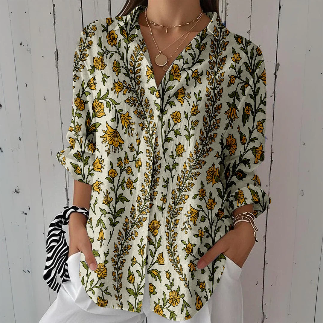 Style & Comfort for Mature Women Women Floral, Red, Green DZCL0182 3/4 Sleeve Shirt Collar Printed Button Tops