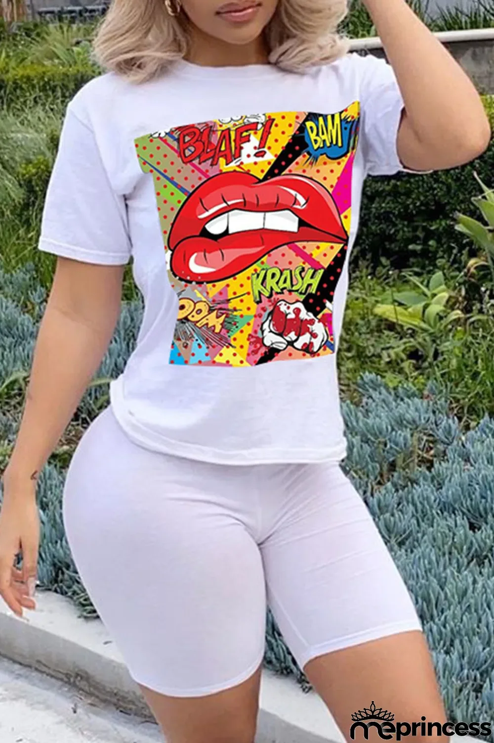 Orange Casual Letter Print Split Joint O Neck Short Sleeve Two Pieces