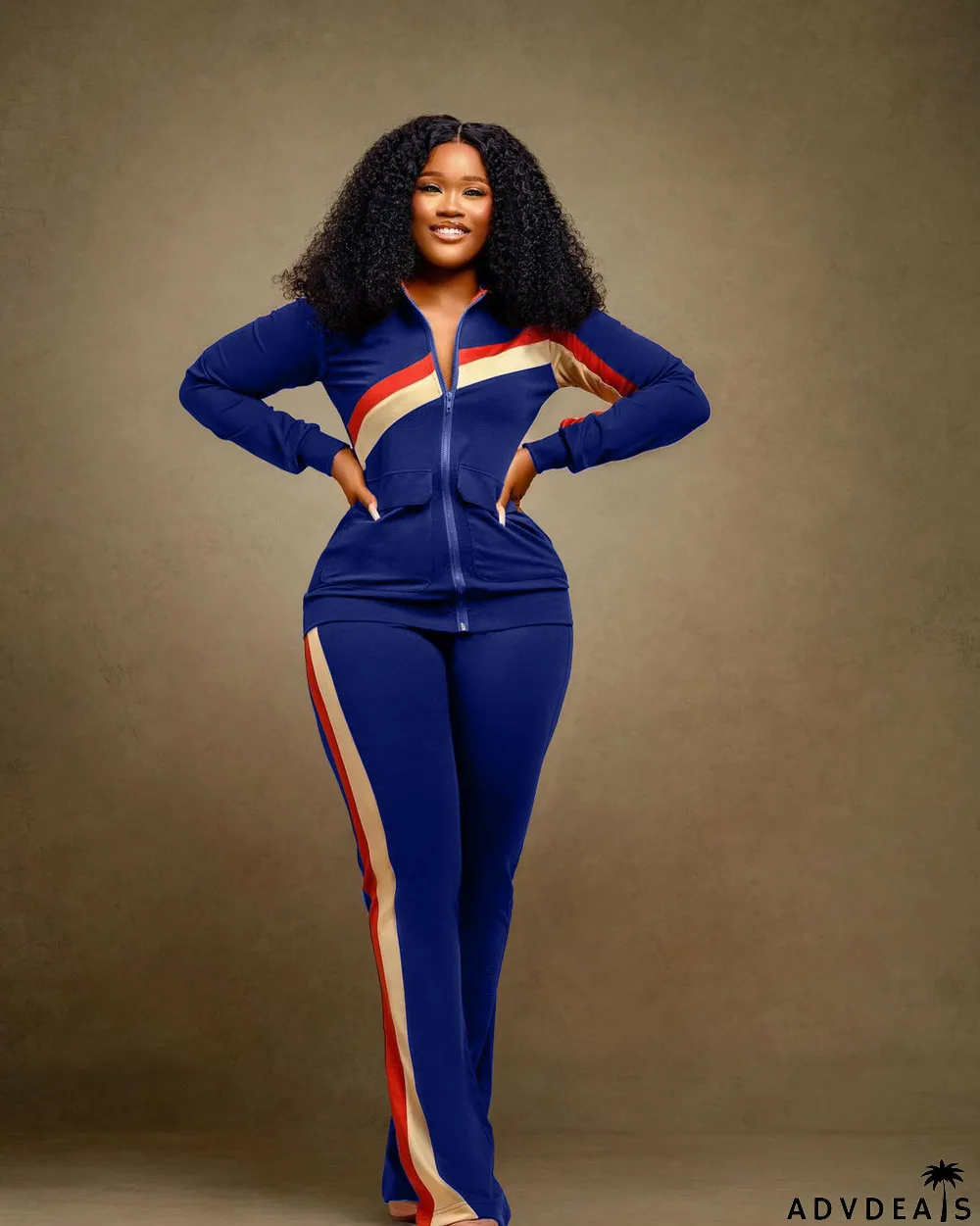 Plus Size Zipper Long Sleeve 2 Piece Pants Sets