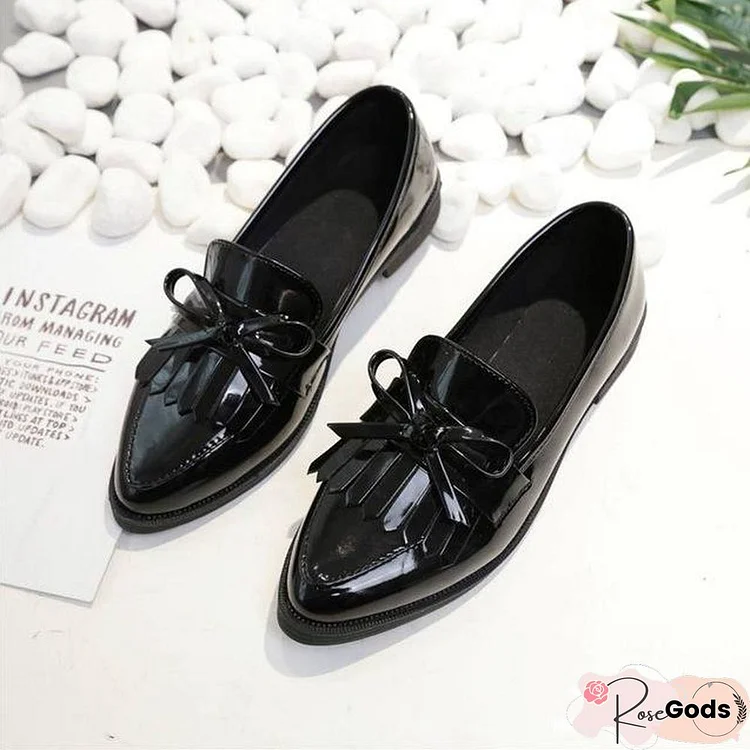 Woman Casual Tassel Bow Pointed Toe Black Oxford Comfortable Slip On Flats