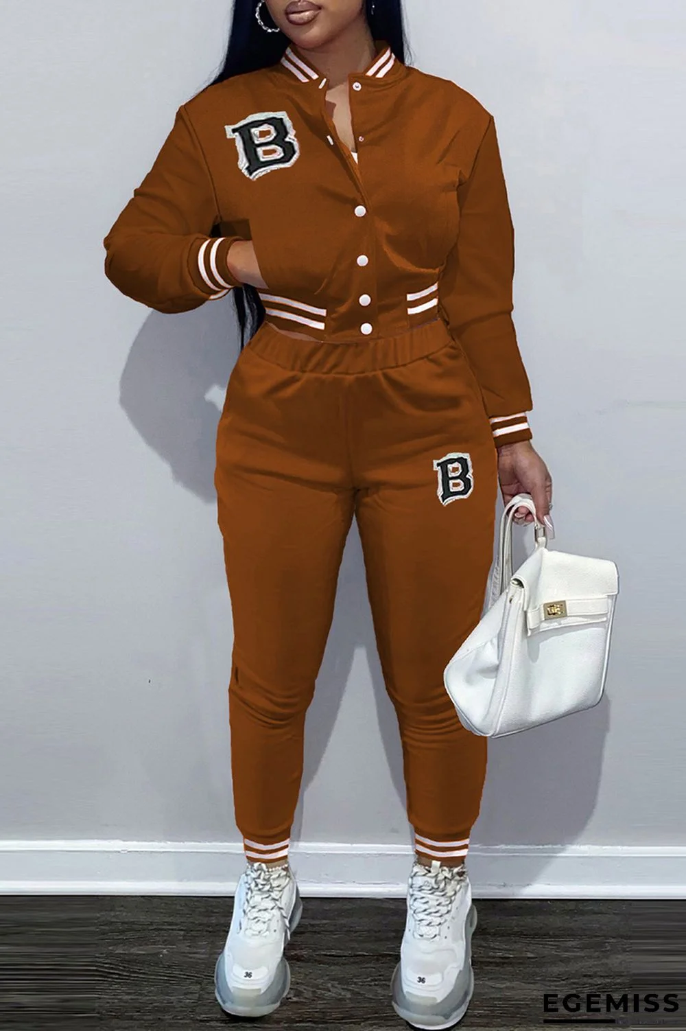 Brown Fashion Casual Letter Print Patchwork Long Sleeve Two Pieces | EGEMISS