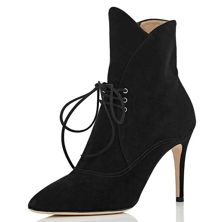 Black Lace Up Boots Pointy Toe Stiletto Heel Ankle Boots |FSJ Shoes