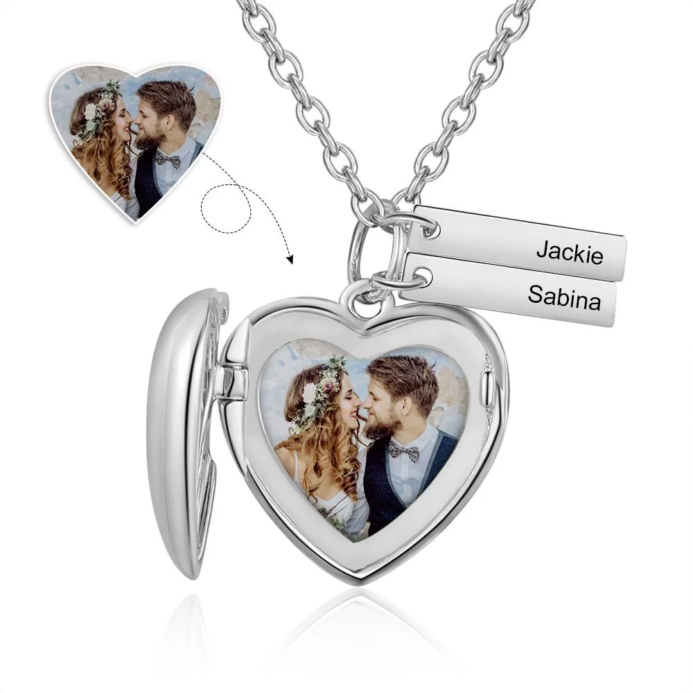 Heart Photo Locket Necklace With Engraving Bar Personalized Gift For Her