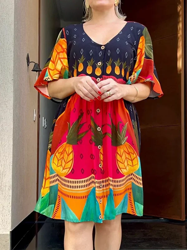 Color-Block Printed Short Sleeves V-Neck Midi Dresses