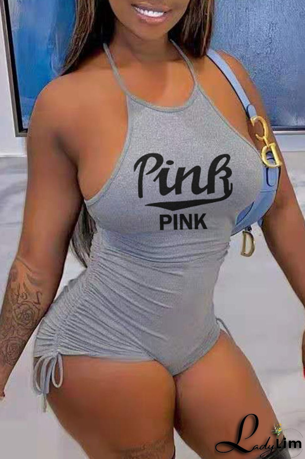 Sky Blue Fashion Casual Letter Print Backless Halter Skinny Romper