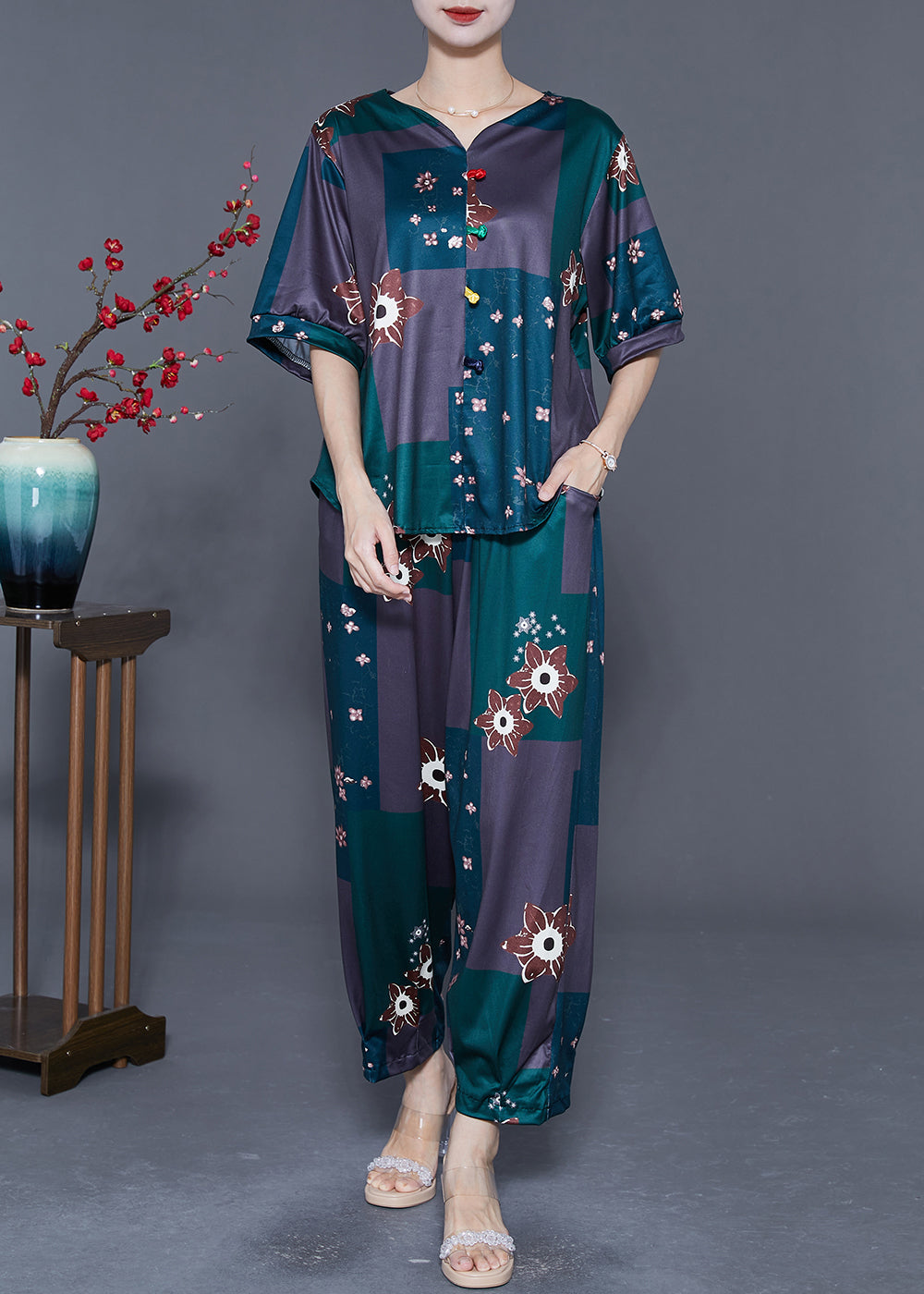 VCSHOES Blackish Green V Neck Print Cotton Two Pieces Set Summer