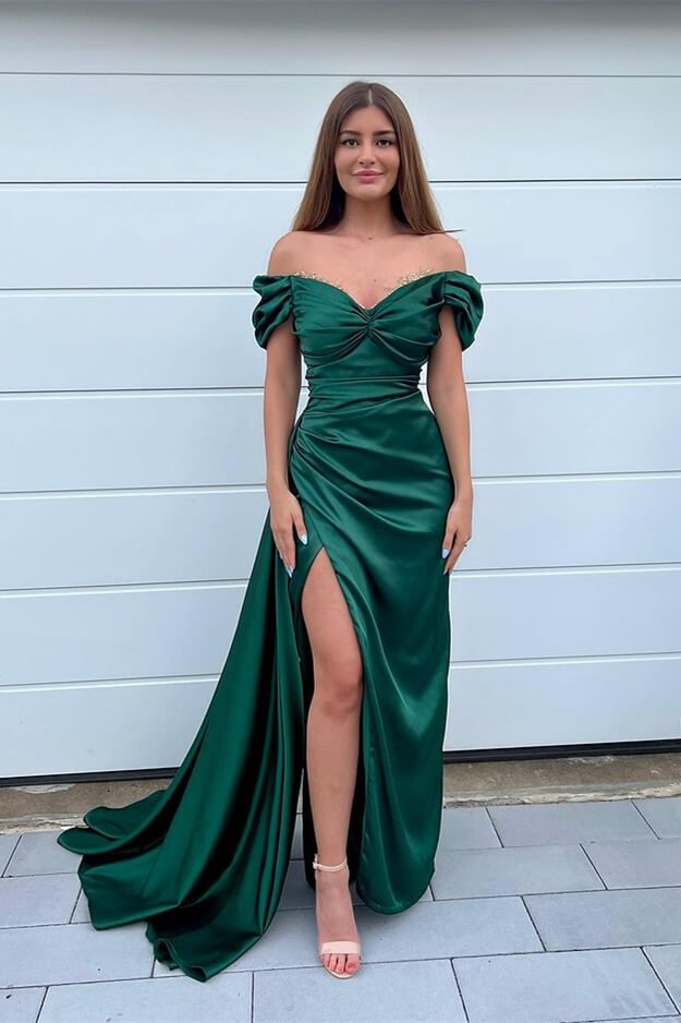 Bellasprom Dark Green Off-the-Shoulder Evening Dress Mermaid Split WIth Ruffles