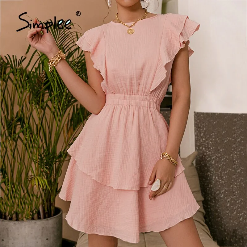 Simplee White Cotton female chic Dresses Fashion Solid Ruffled Mid-length High-waist Vestidos Sleeveless Summer women Dress 2021