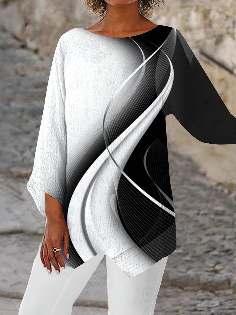 Women Asymmetrical 3/4 Sleeve Scoop Neck Striped Color Block Tops