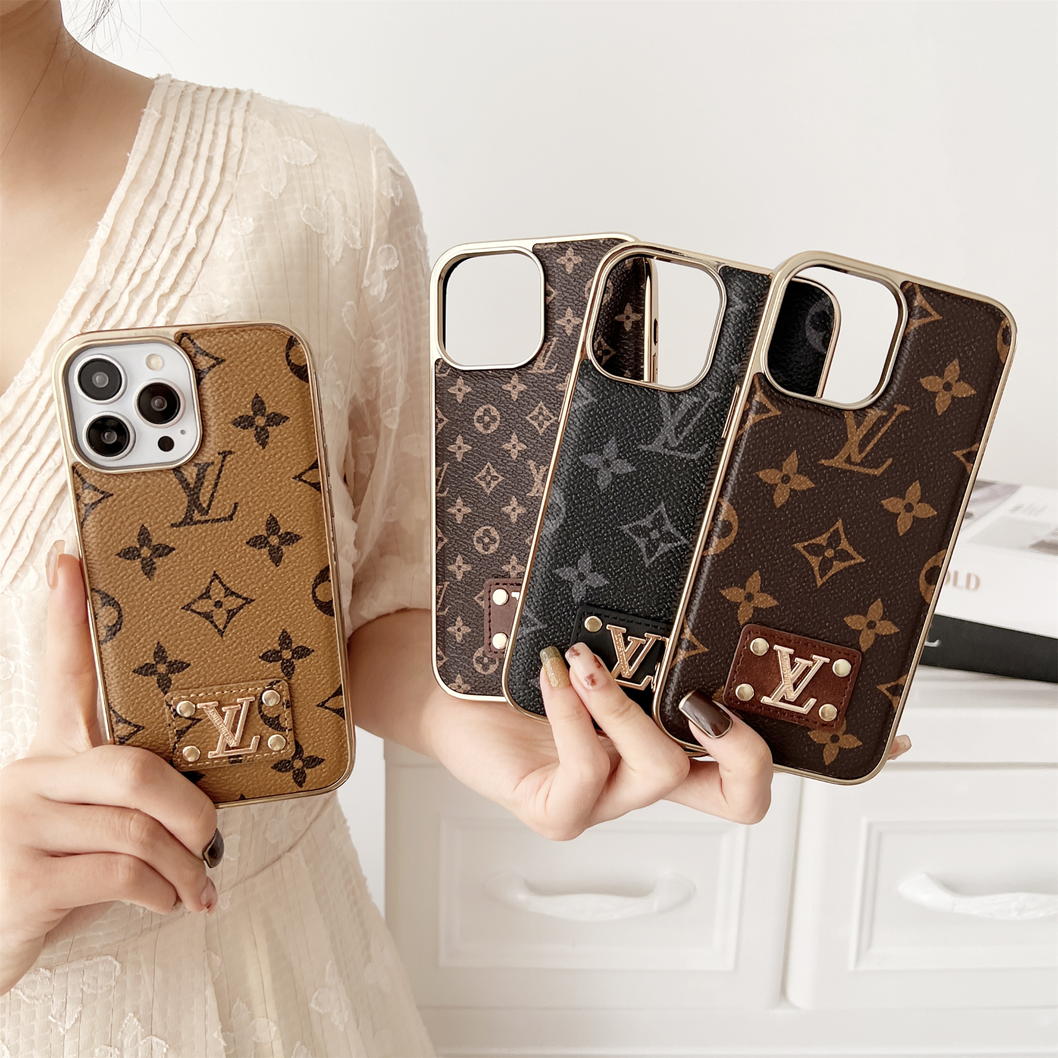 Luxury LV Electroplating Frame Monogram Canvas Leather Apple iPhone Case