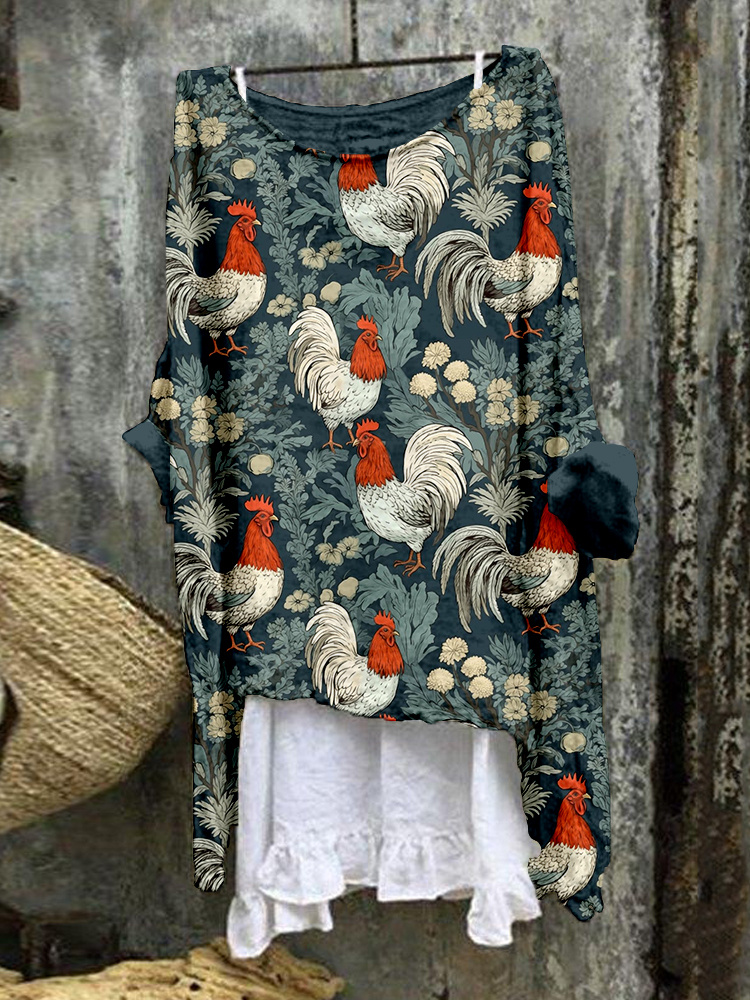 Comstylish Rooster & Flowers Pattern Linen Blend Flowy Tunic