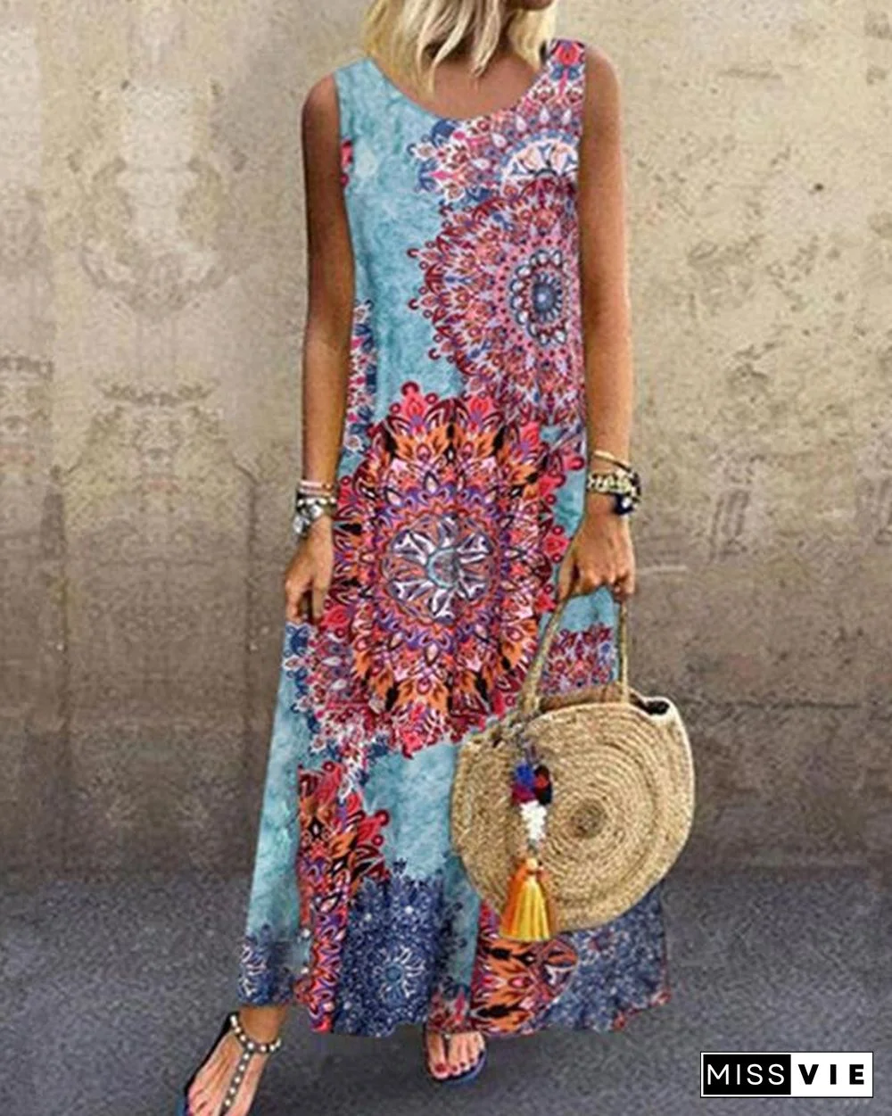 Sleeveless Color-block Floral Print Holiday Maxi Dress