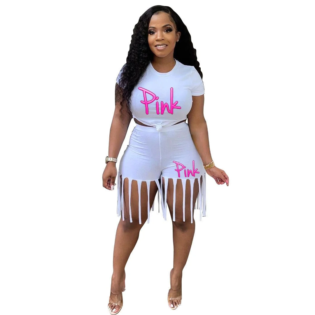 FAGADOER Plus Size Women Set S-5XL PINK Letter Print Round Neck Top And Tassel Shorts Two Piece Sets Casual 2pcs Outfits 2022