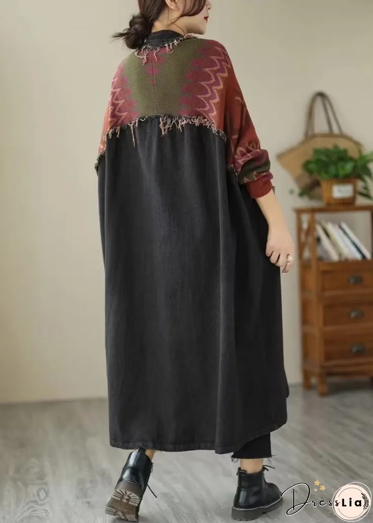Loose Black Button Knit Patchwork Denim Long Coats Long Sleeve