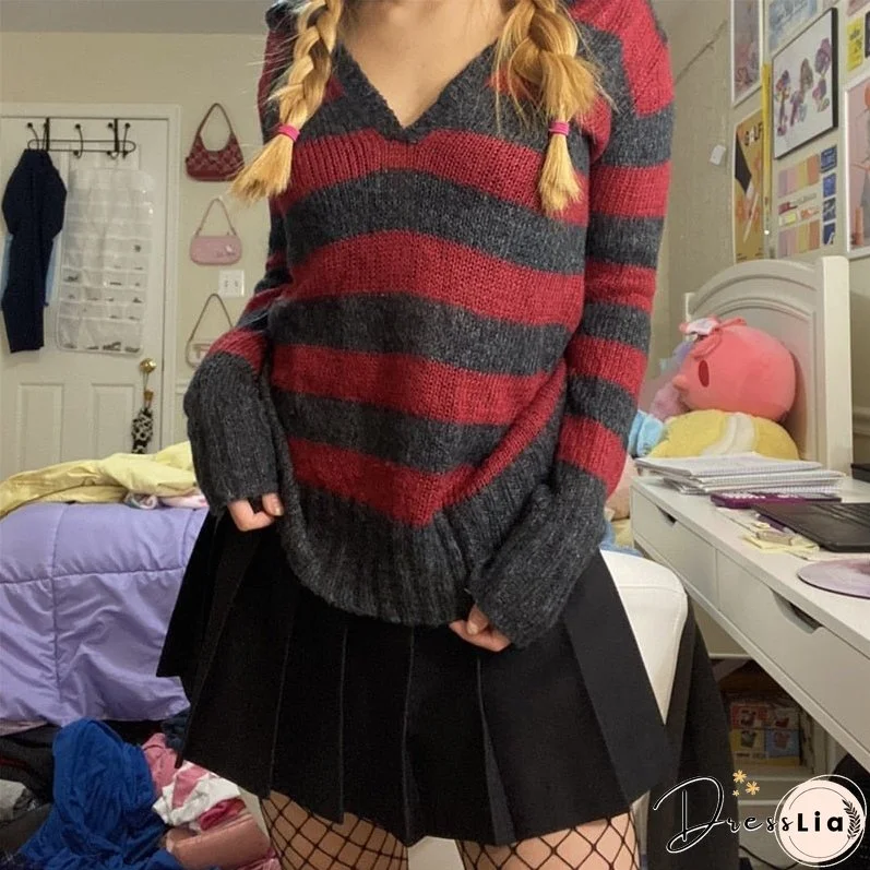 Joskaa Kawaii Striped Knitted Sweaters Women Elegant Oversized Pullovers Harajuku Sweater Tops Punk Fairy Grunge Streetwear