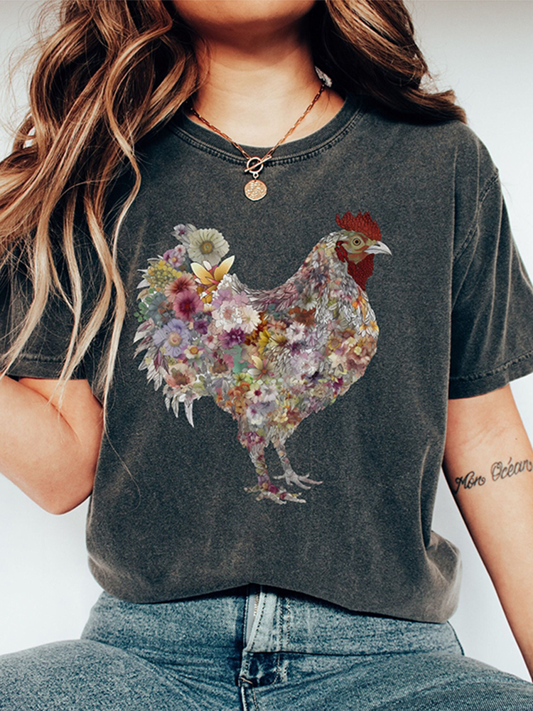 Comstylish Women's Retro Floral Chicken Farmer Casual T-Shirt