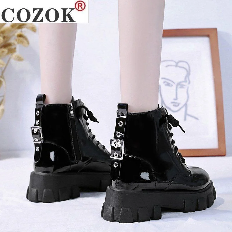 Round Toe Med Heel Boots Women Shoes Autumn Boots-women Booties Ladies Lace Up Luxury Designer Lolita Black 2021 Rubber Flat