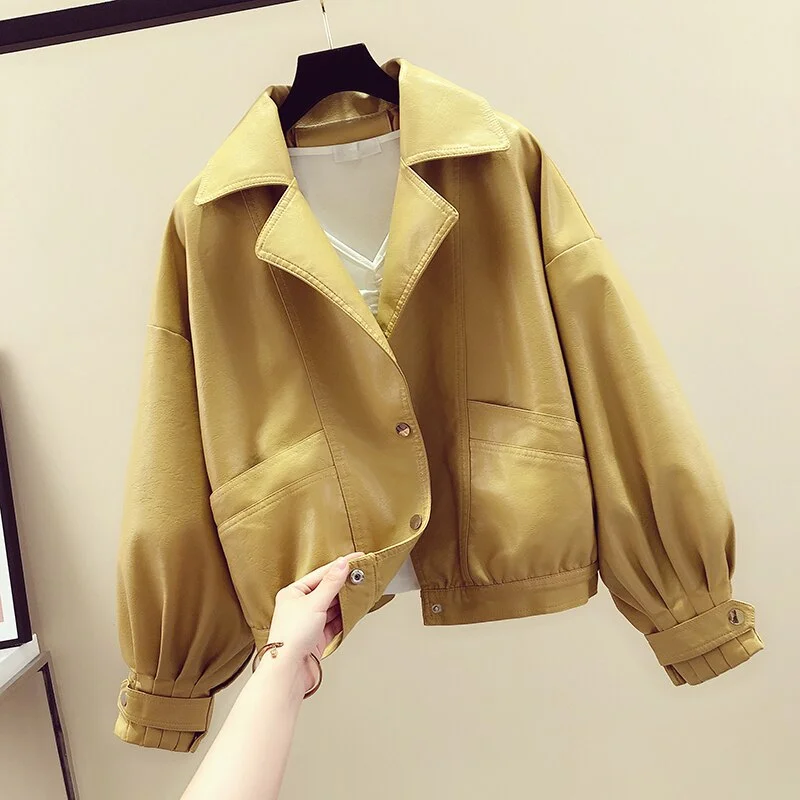 FTLZZ Spring Women White Black Yellow Turndown Collar Single Breasted Biker Jacket Faux Leather Vintage Short Motor Jackets