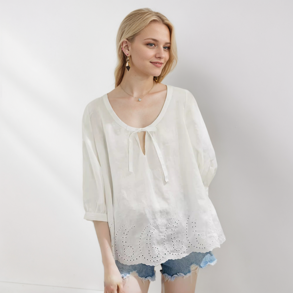 100% European Linen Short-sleevess Top Taro Purple Elegant Embroidery REAL SILK LIFE