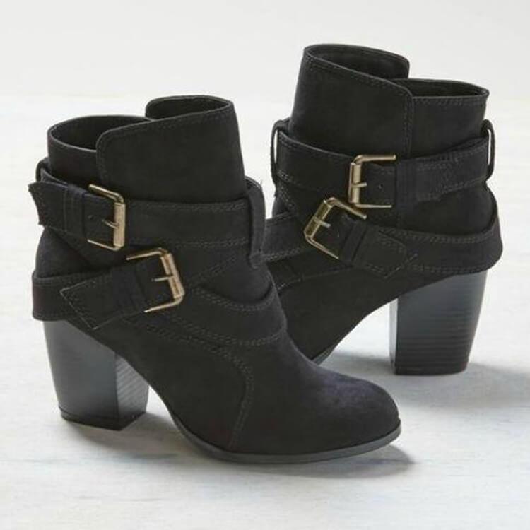 GOOSHOE Belt Buckle Suede Chunky Heel Round Toe Ankle Boots
