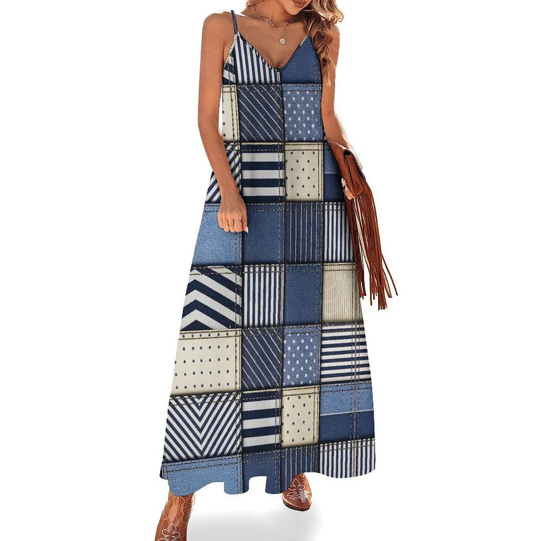 Style & Comfort for Mature Women Plus Size Printed Sling Casual Women Maxi Dress in Pattern Patchwork, Denim Blue