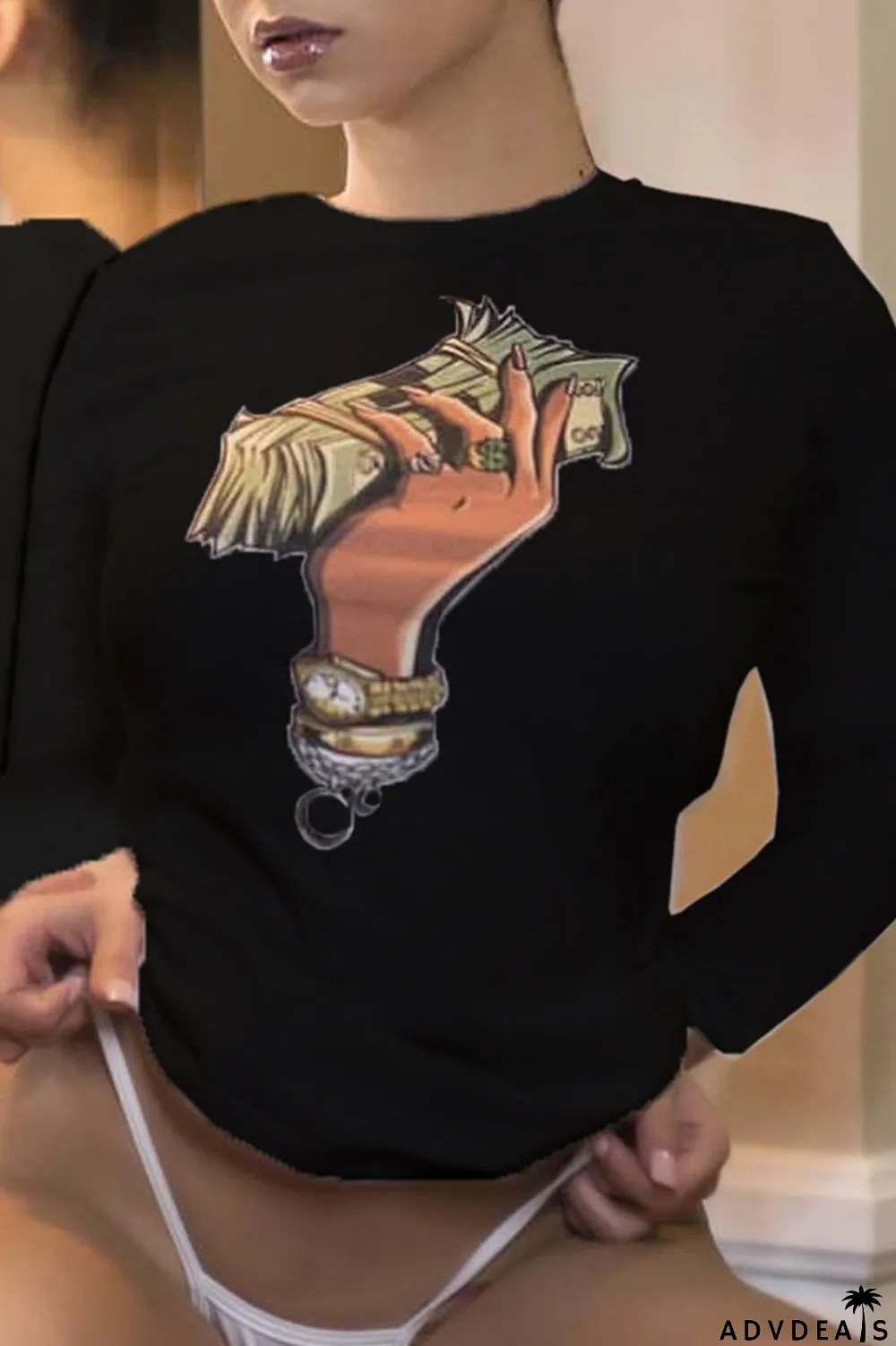 Black O Neck Long Sleeve Slim fit Print Tees & T-shirts