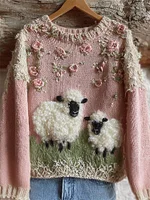 Vintage Sheep Pink Floral Lace Embroidered Cozy Knit Sweater