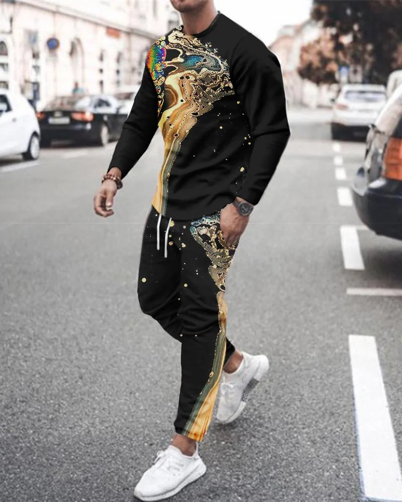Men's Casual Marble Stitching  Printing Long-sleeved Suit