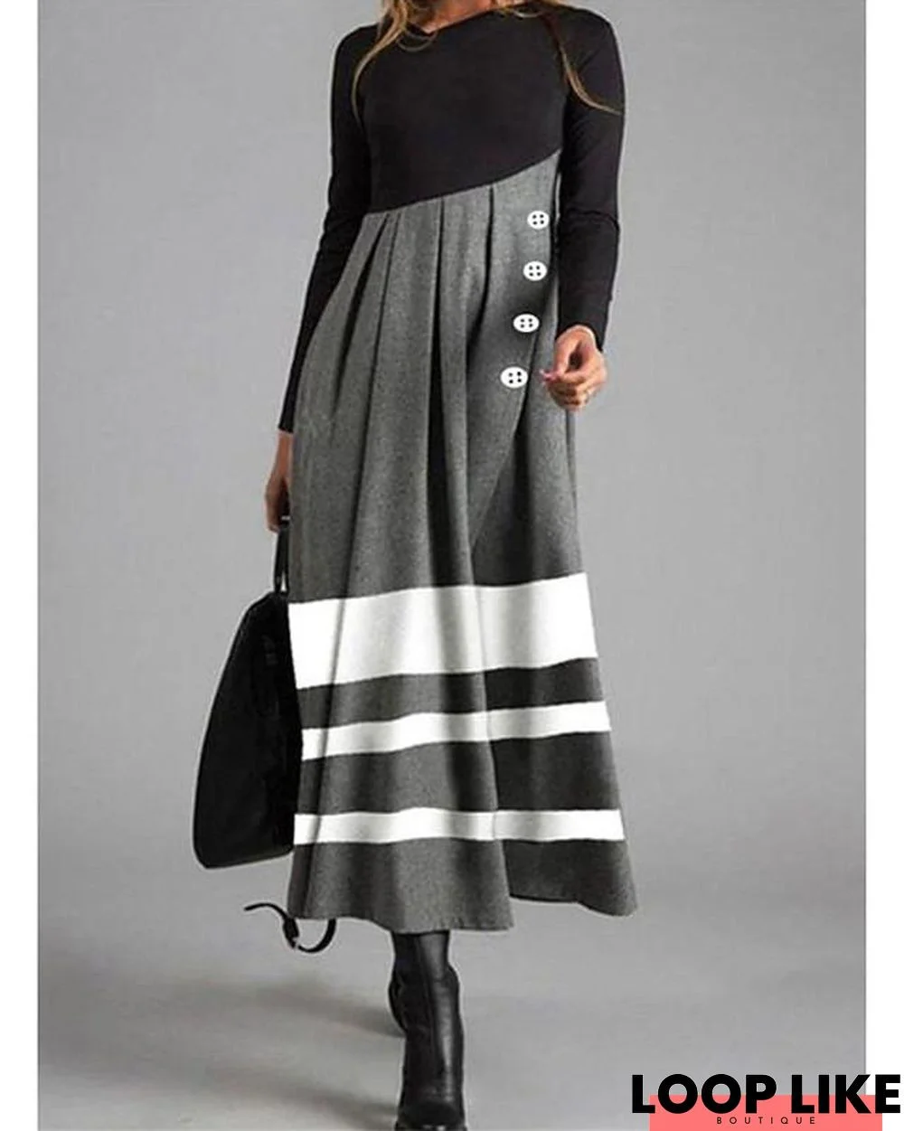 Women's Shift Dress Maxi Long Dress Long Sleeve Striped Color Block Button Fall Winter Casual Gray Black Dresses