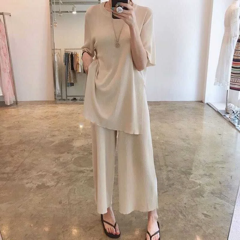 Brownm Chic Fashion Casual Knitted 2 Piece Set Women Pullover Sweater Top + Wide Leg Pants Suits Summer Loose Two Piece Set