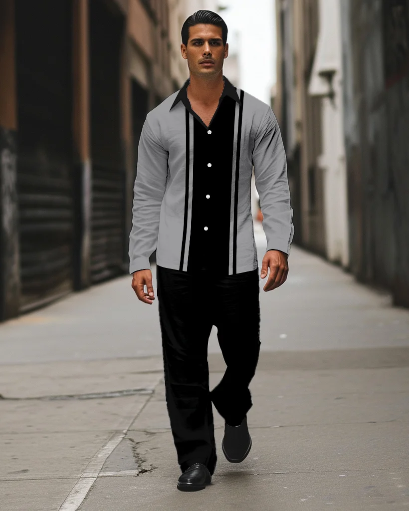 Men's Striped Printed Long Sleeve Shirt Walking Suit 596