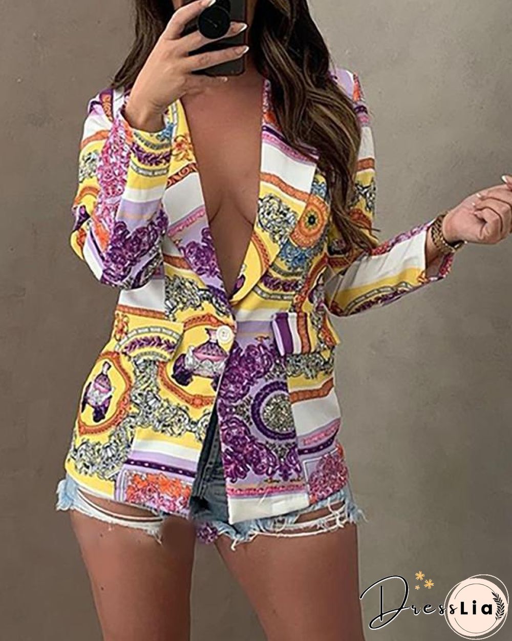 Chain Scarf Print Lapel Collar Single Button Blazer