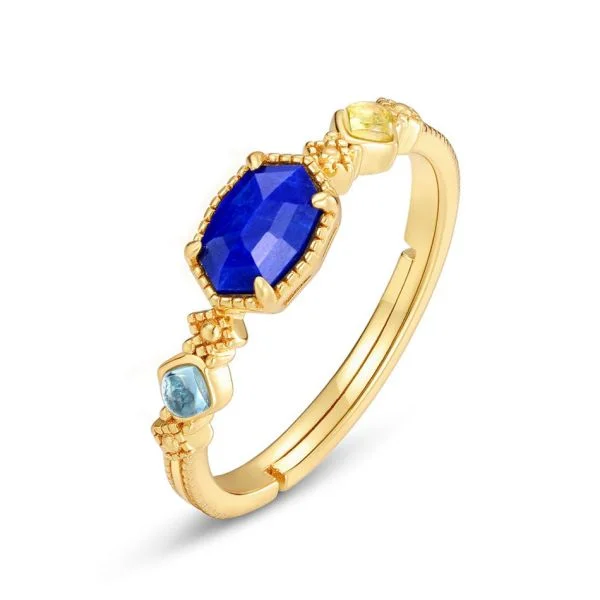 Natural Lapis Lazuli Peridot Topaz Gemstones 925 Sterling Silver Gold Plated Ring For Women