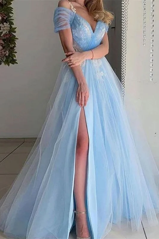 Bellasprom Short Sleeves Prom Dress Long Tulle With Split Sky Blue