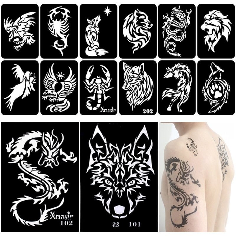 34pcs/Lot Dragon Wolf Tattoo Stencils Template for Men Arm Back Chest Paint Reusable Airbrush Tattoo Sticker 2 Large + 32 Small