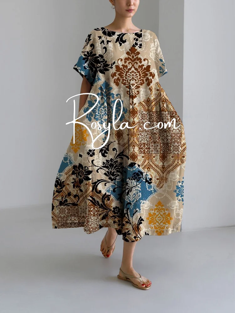 Women's Retro Ethnic Print Loose Round Neck Medium Length Skirt Dress