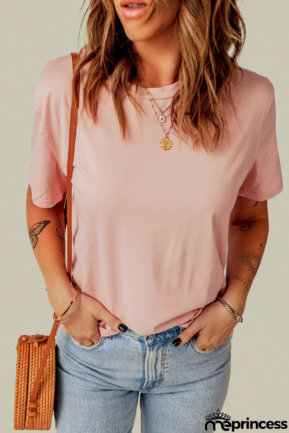 Pink Plain Crew Neck Short Sleeve Tee