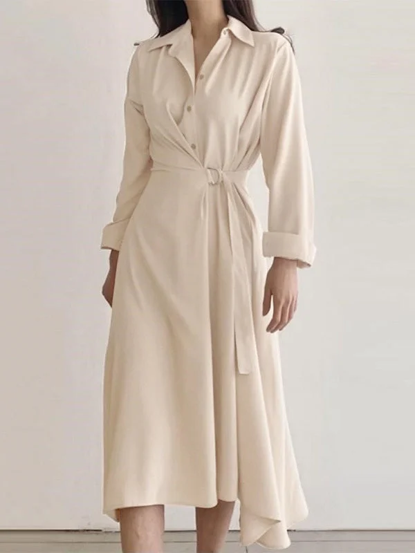 Simple Loose Long Sleeves Buttoned Tied Asymmetric Solid Color Midi Dresses