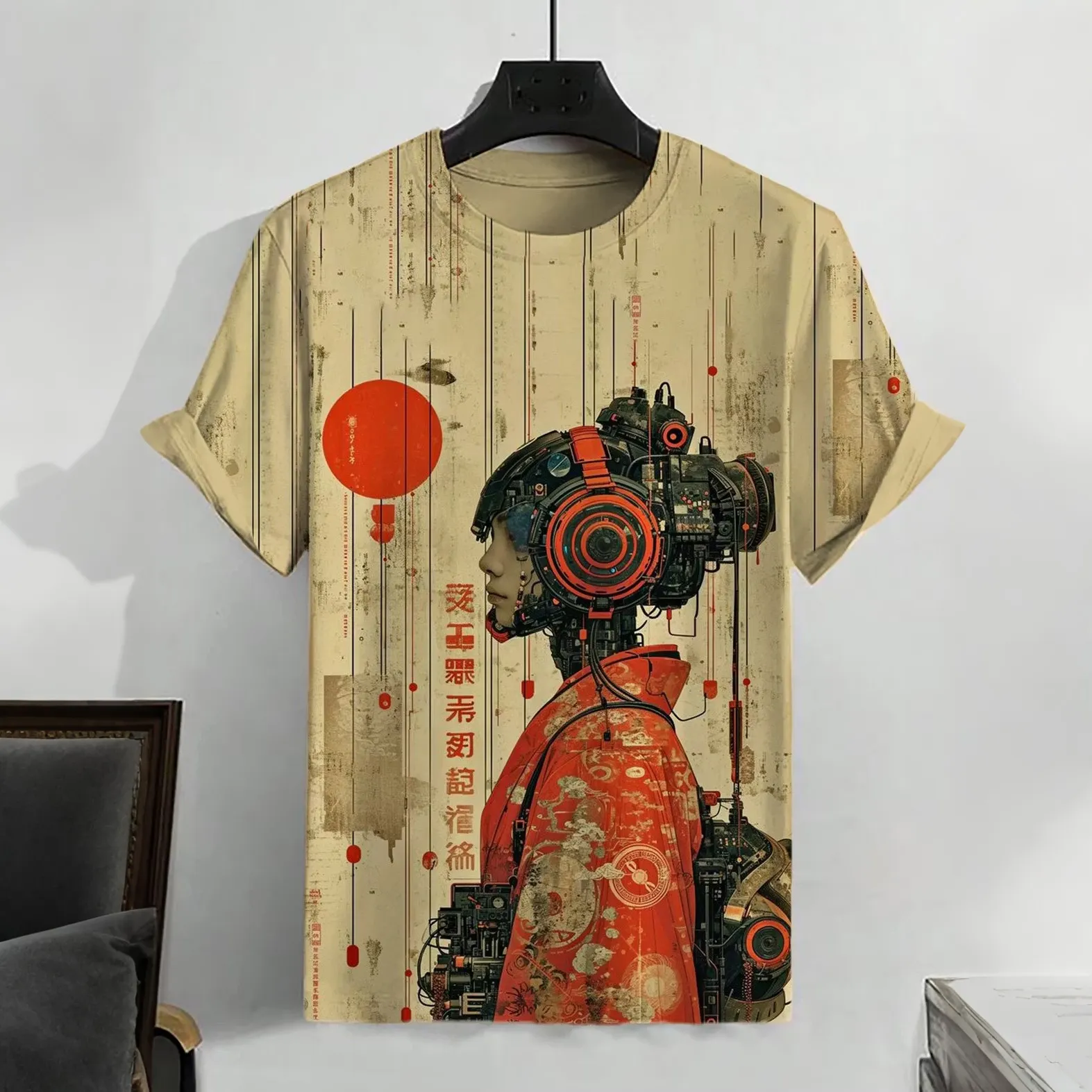Men's Japanese Kimono Bionic Girl Print Casual T-shirt  artssus