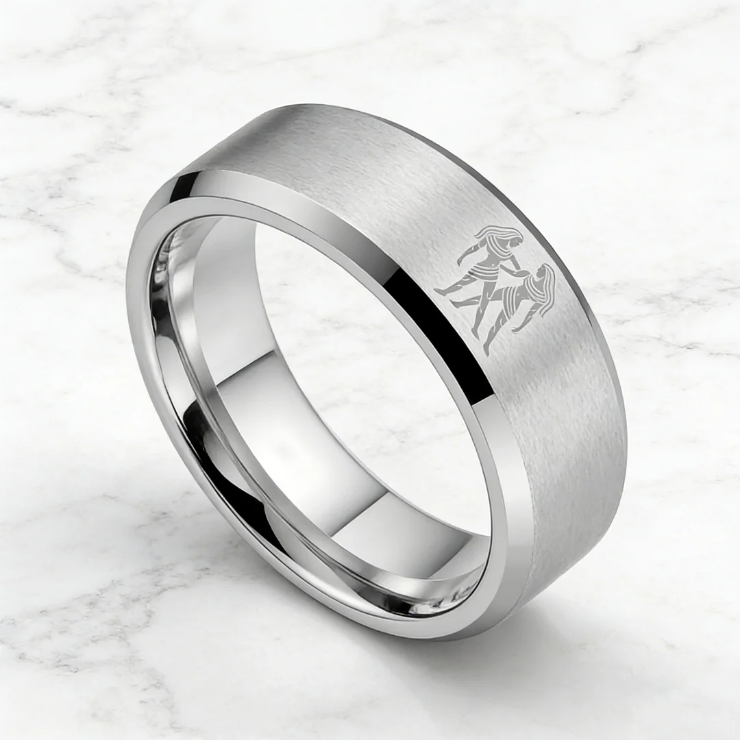 Sliver Laser Etched Couple Wedding Bands Sliver Gemini Tungsten Carbide Ring Beveled Edges 4MM 6MM 8MM Width