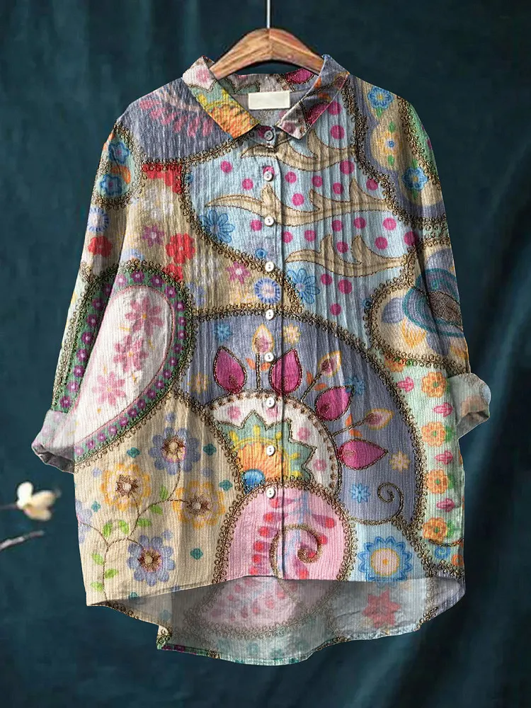 Women's Vintage Ethnic Beautiful Paisley Floral Art Print Casual Cotton And Linen Ruffle Shirt