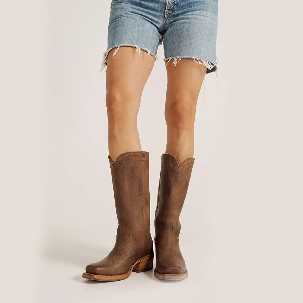 Brown Square Toe Chunky Heel Stitching Cowboy Boots for Women