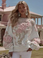 Women's Vintage Flower Embroidery Art Crew Neck Casual Sweatshirt