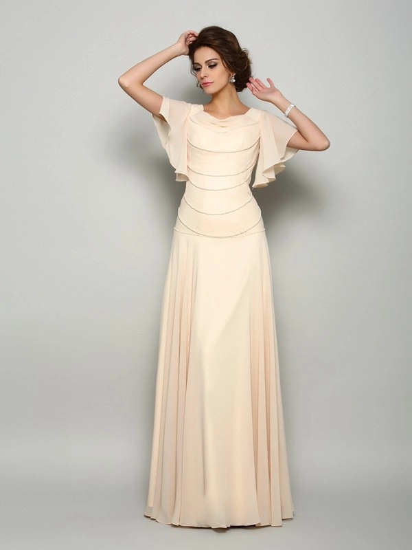 Chiffon Square Neck Short Sleeves Long A-Line Mother Of The Bride Dresses With Beading | MOD0021 Wellcucu