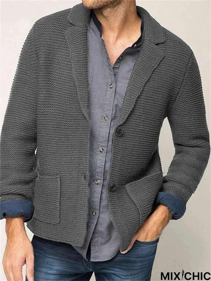 Men's Lapel Solid Color Knitted Cardigan Sweater