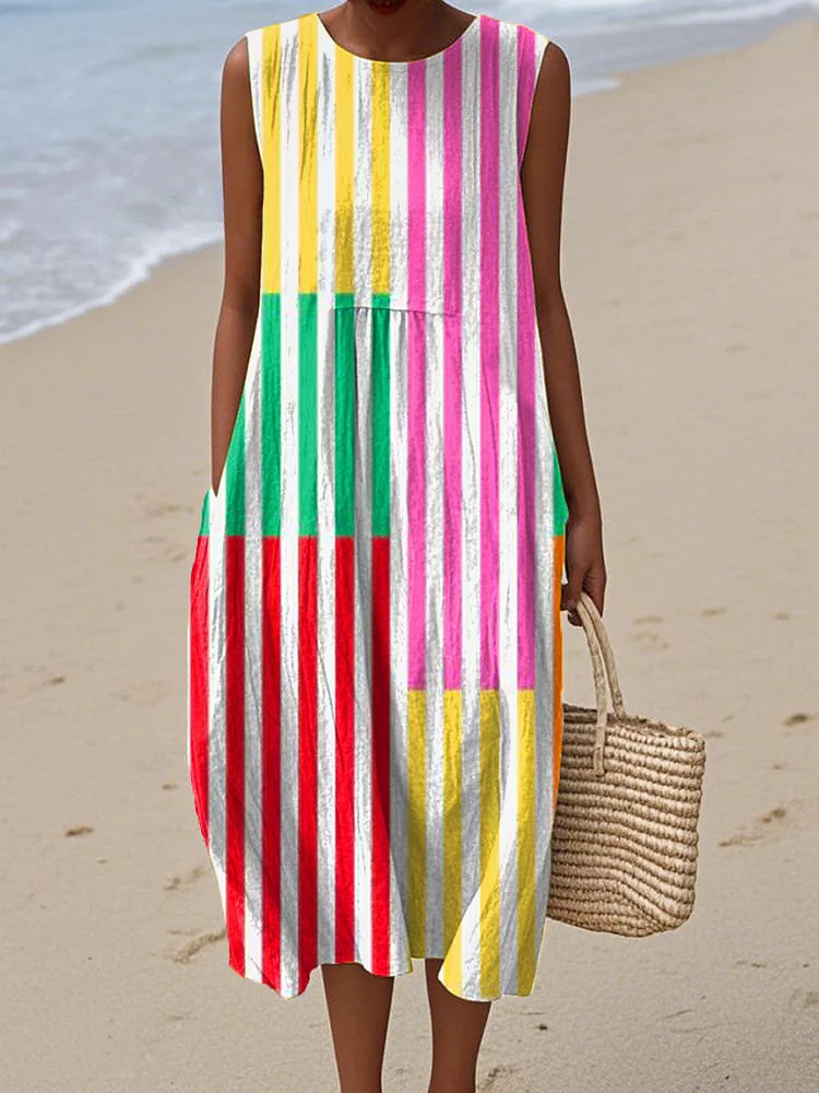 Women's Colourful Art Lines Print Sleeveless Cotton Pocket Wrap Dress