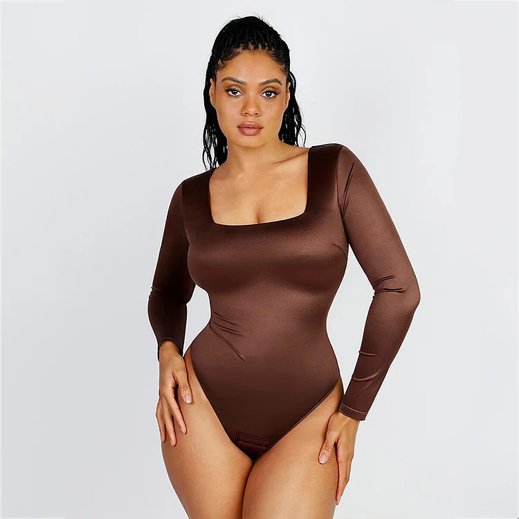 Wholesale Square Neck Long Sleeve Sleek Thong Bodysuit