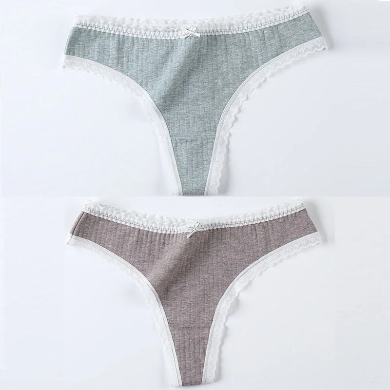 2 Pieces Women Panties Thongs Cotton Striped Underwear Comfortable Cute Low-Rise Ladies G-String Briefs Sexy Kawaii Lingerie
