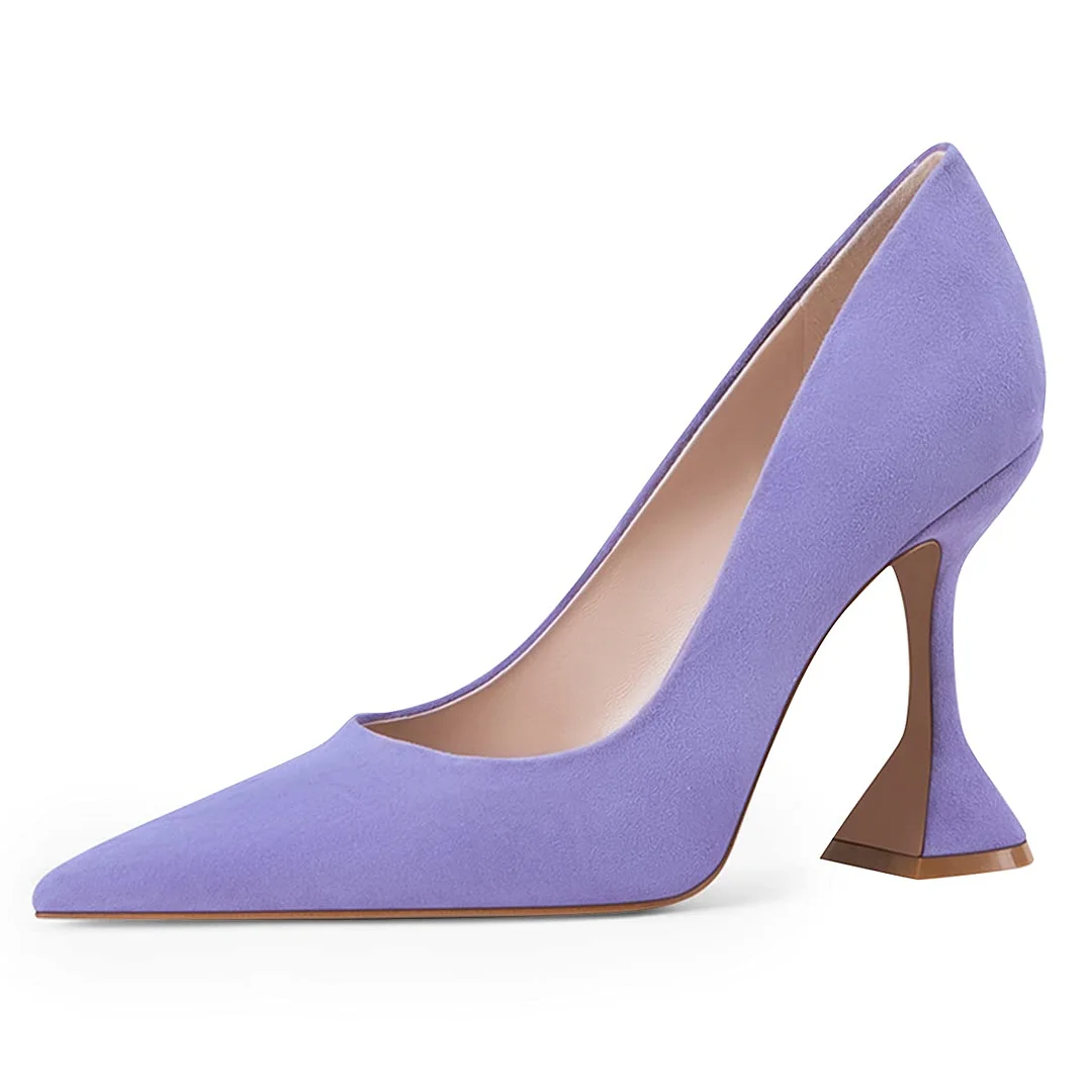 YDN Classic Purple Vegan Suede Flared Heel Pointed Toe Pumps Shoes