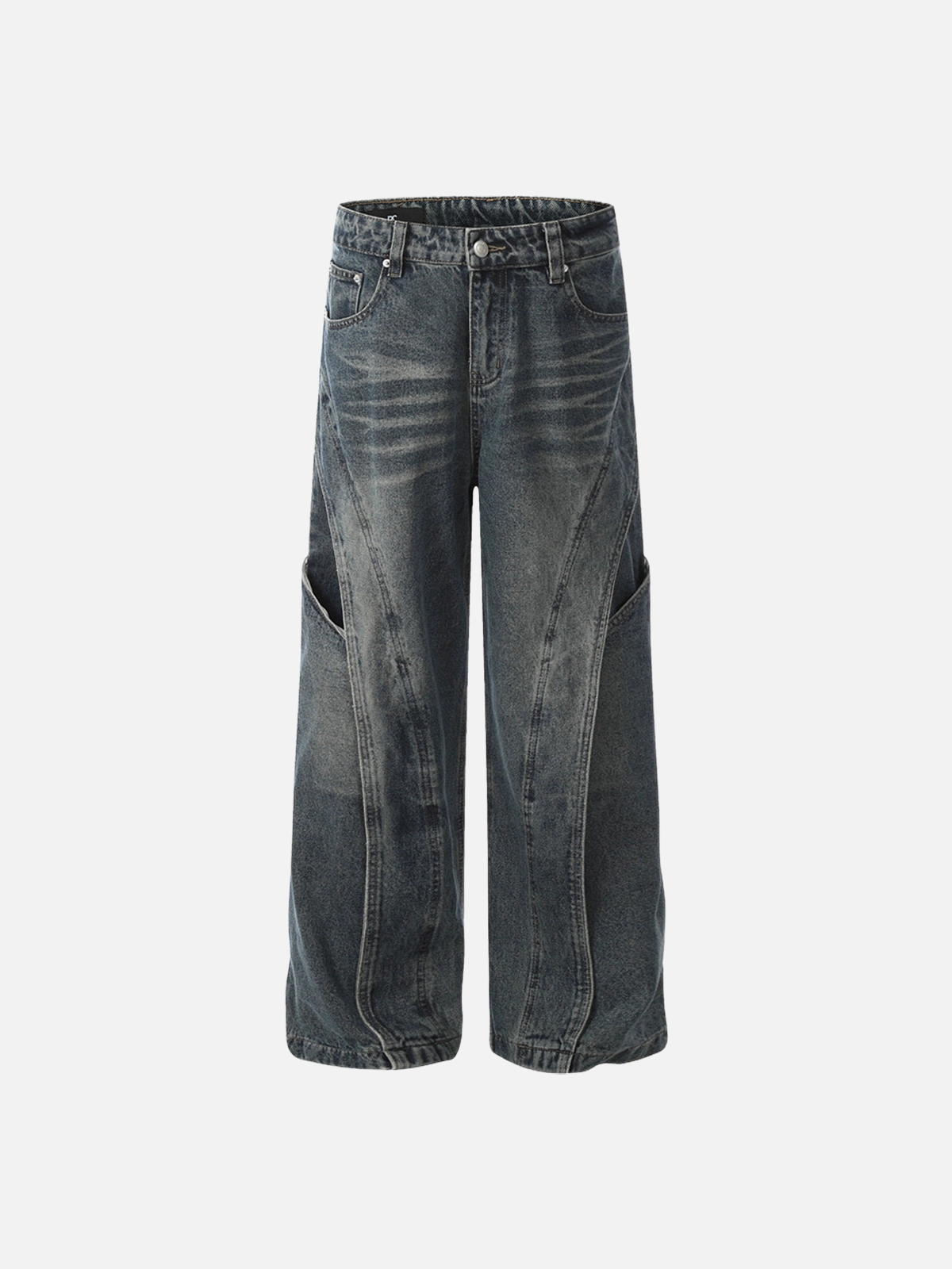 Blue Deconstructed Patchwork Washed Loose Jeans Front